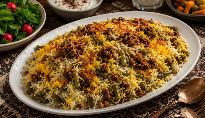 لوبیا پلو با گوشت چرخ کرده